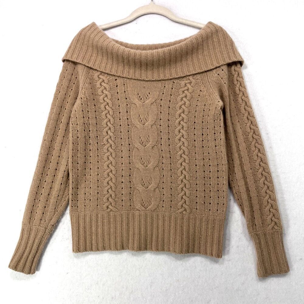 Vtg Banana Republic Sweater XS Tan Y2K Off Shoulder Angora Blend Cable Knit Soft